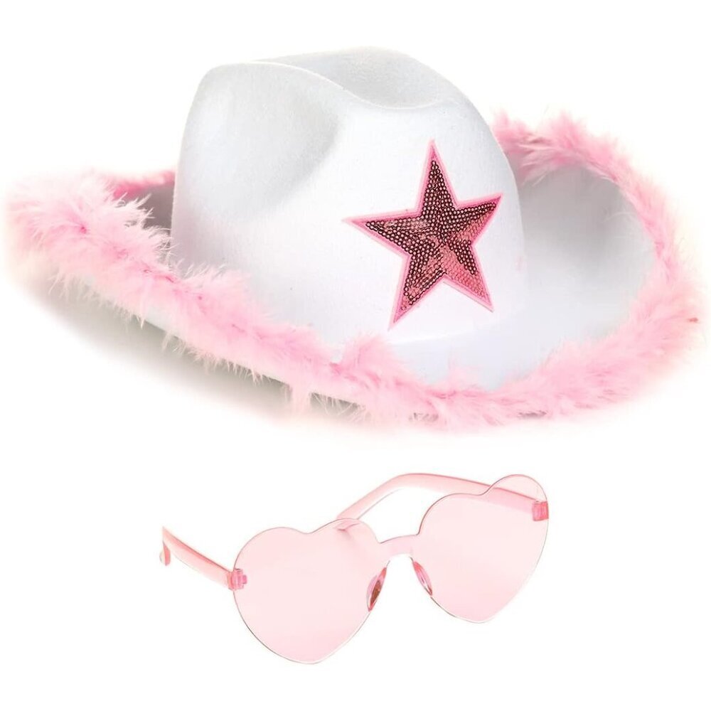 Cowboy Hat and Glasses Set Fur Cowgirl Accessories for Women Party Costume
